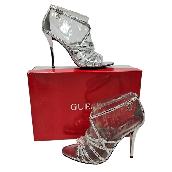 Guess Metallic Silver Leather Strappy Stiletto High Heels Size 6 Women's - Picture 13 of 13